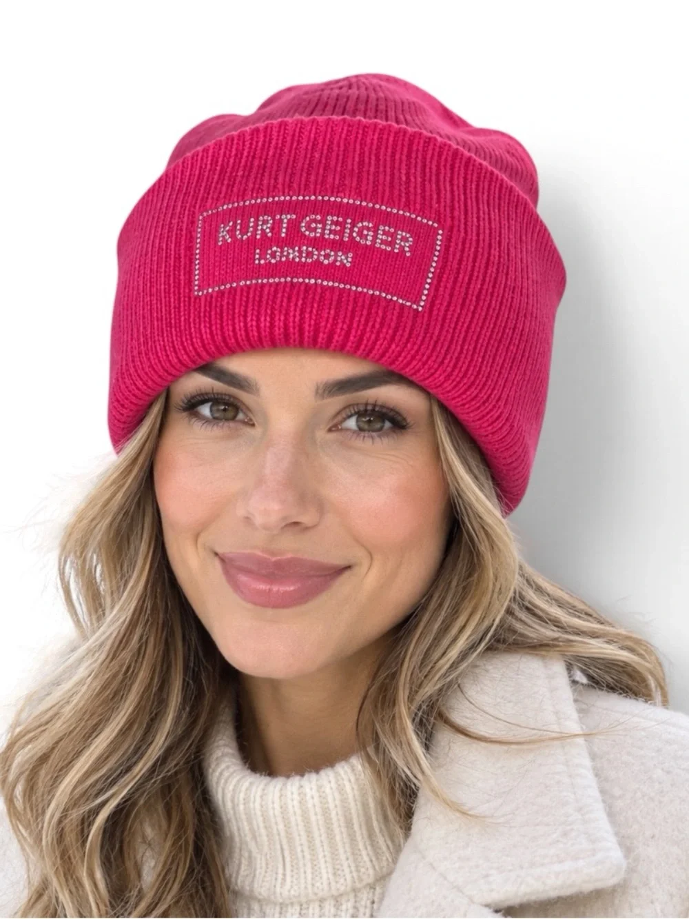 Kurt Geiger London Hot Pink Crystal Logo Cuffed Ribbed Beanie NWOT